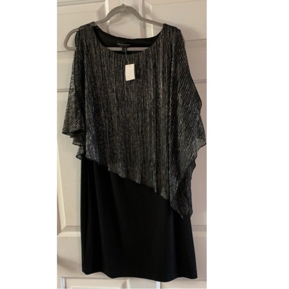 🪢 Black w Silver Shimmer Capelet Sheath Dress Wedding Guest Cocktail NWT 10